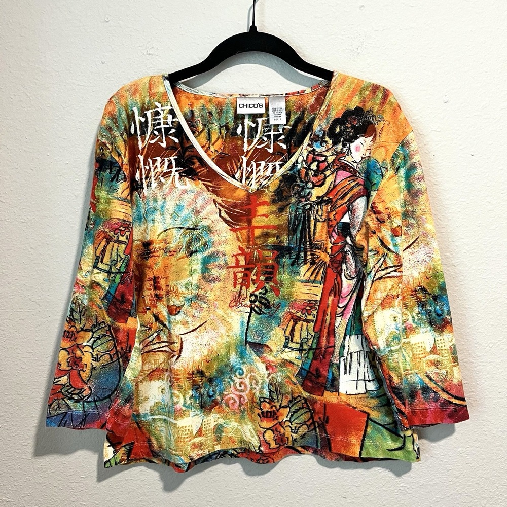 Vintage Y2K Womens Top Size 2 Japanese Motif Geisha 3/4 Sleeve Artsy Boho Chicos
